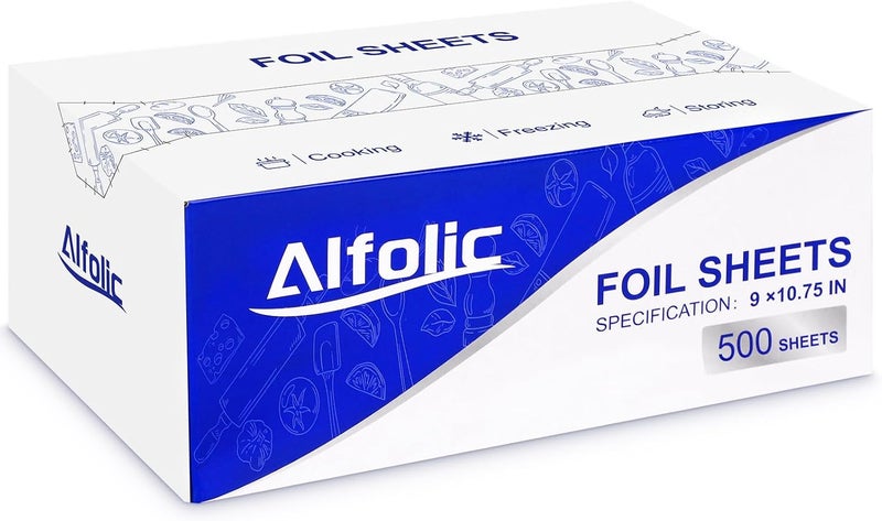 Alfolic Aluminum Foil Sheets - 9" x 10.75" Pre Cut Tin Foil, Premium Aluminum Foil Wraps for Cooking, Storing Food - 500 Sheets - Image 1